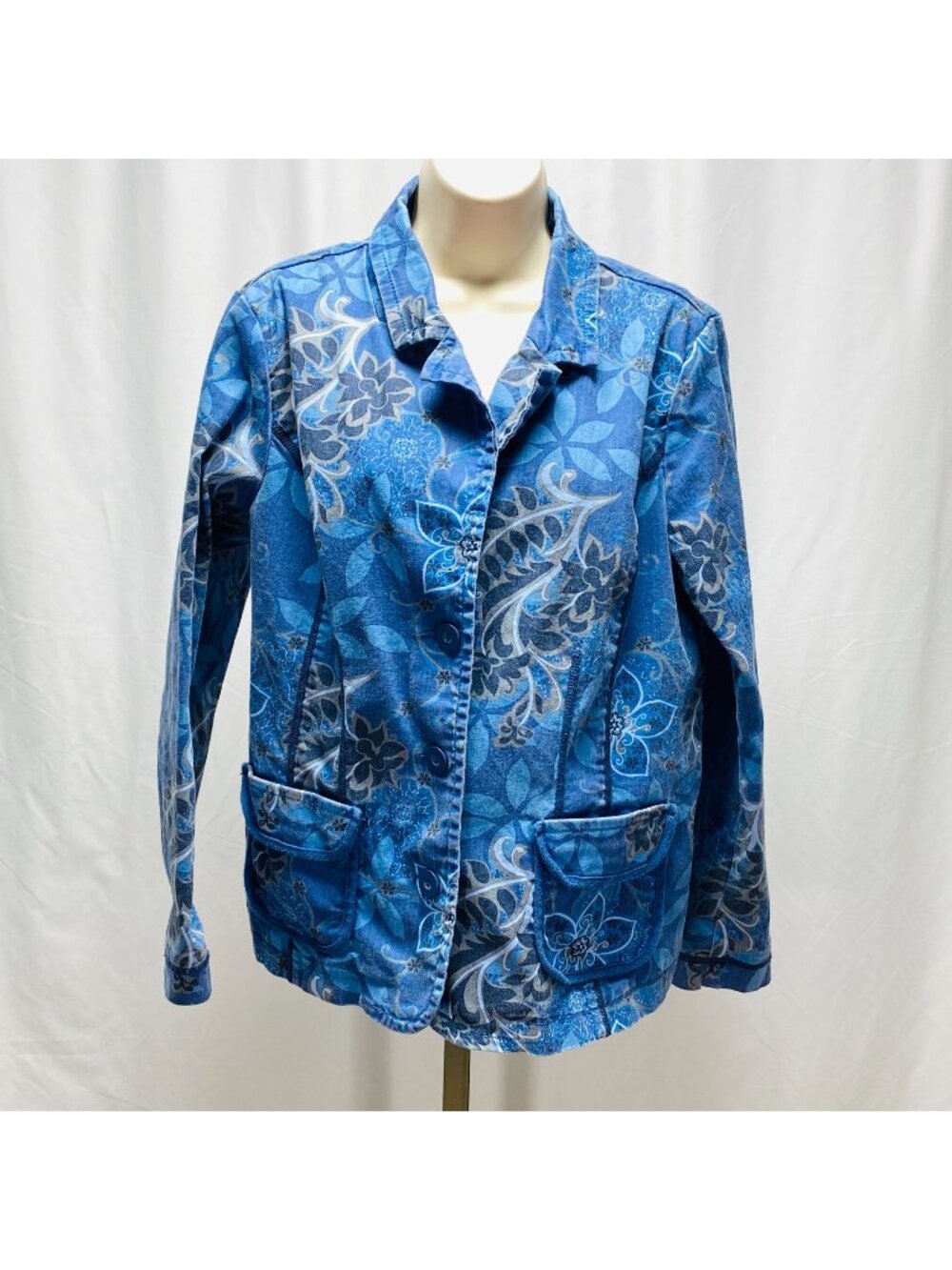 Denim & Co. Blue Floral Button-Up Jacket With Pockets Women Size L